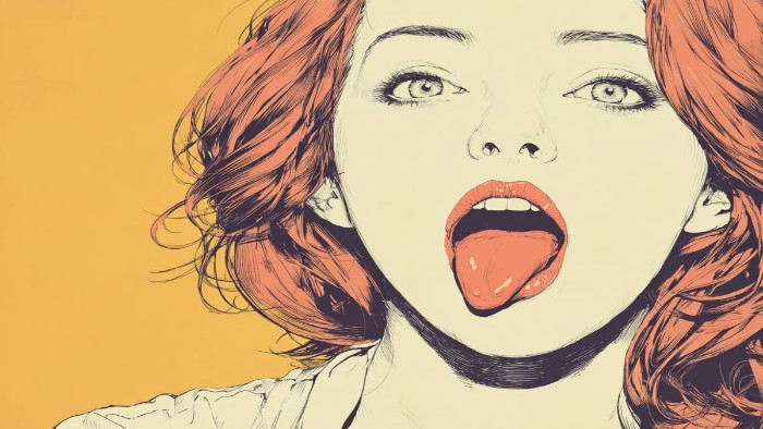 Gros plan d’une langue humaine présentant un petit bouton ou aphte, illustration médicale réaliste pour identifier les causes et symptômes d’un bouton sur la langue.