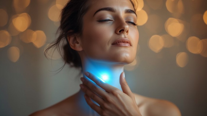 Femme touchant délicatement son cou avec une lumière bleue symbolisant le chakra de la gorge et l'interprétation spirituelle des démangeaisons cervicales