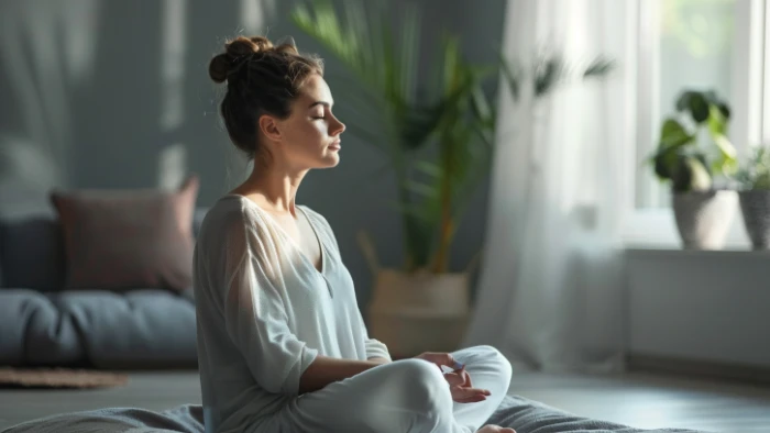 Femme pratiquant la méditation pour gérer le stress et réduire l'inflammation intestinale liée à la diverticulite