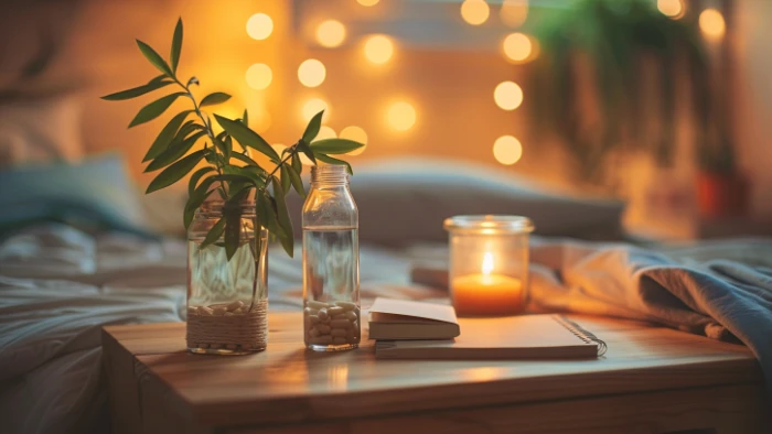 Flacon de mélatonine posé sur une table de chevet avec un verre d'eau et un carnet, illustrant un rituel de sommeil apaisant pour favoriser l'équilibre du poids.
