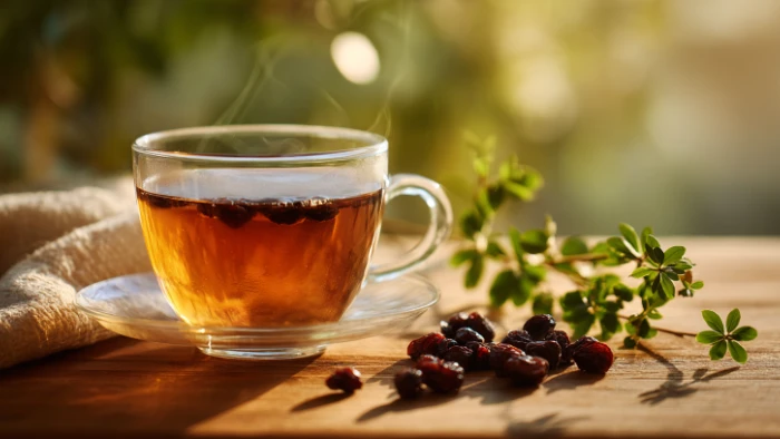 Tasse d'infusion de queue de cerise avec pédoncules séchés sur une table en bois pour drainage naturel