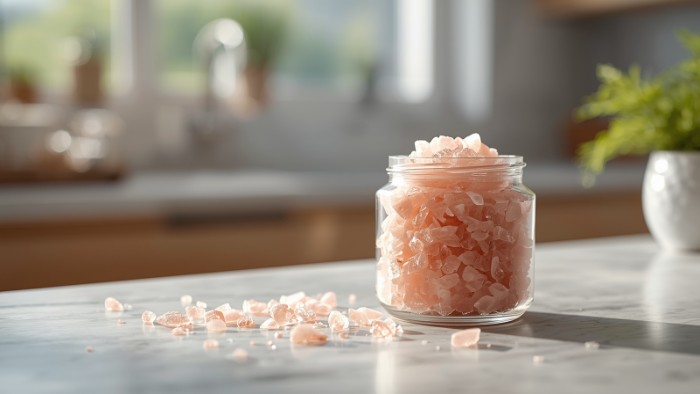 Cristaux de sel rose de l'Himalaya dans un bocal en verre sur un plan de travail de cuisine moderne