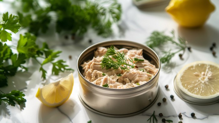 Boîte de thon ouverte sur plan de travail - consommation sécuritaire pendant la grossesse