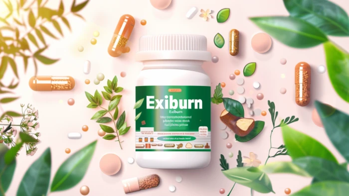 Bouteille de capsules Exiburn avec feuilles de thé vert et racines de ginseng, illustration simple montrant les ingrédients naturels du complément minceur.