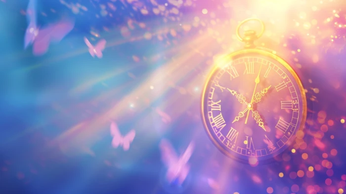 Heure miroir 15h15 affichée sur une horloge mystique avec symboles spirituels et lumière dorée