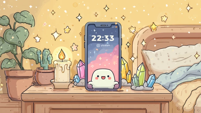 Téléphone affichant l'heure miroir 22h33 sur une table de nuit avec des éléments spirituels