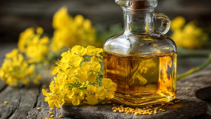 Bouteille d'huile de colza vierge pressée à froid avec graines de colza sur table en bois