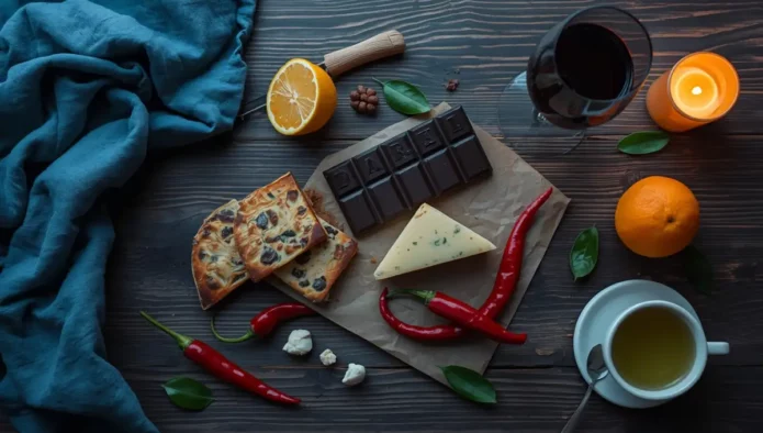 Aliments qui empêchent de dormir disposés sur une table : chocolat noir, vin, fromage affiné, épices et agrumes