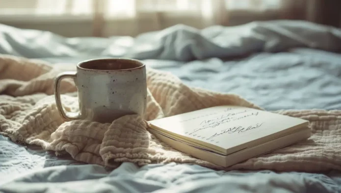 Tasse de café posée à côté d'un carnet de suivi du sommeil dans une cuisine française au lever du jour