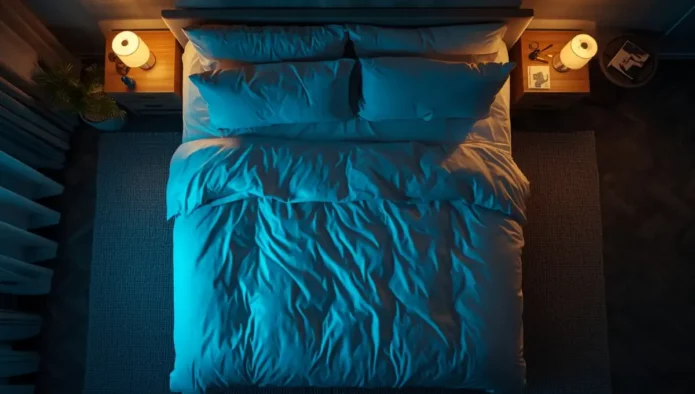 Vue d'ensemble d'une chambre apaisante aux tons bleus et beiges représentant le guide complet du sommeil adulte