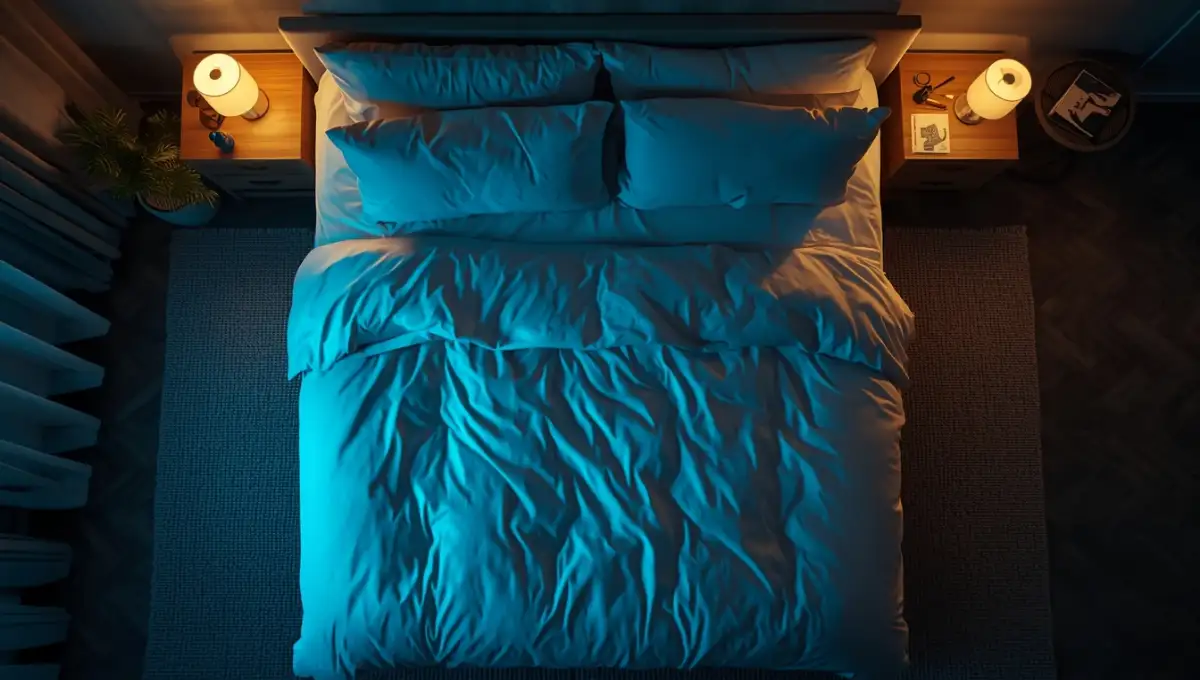 Vue d'ensemble d'une chambre apaisante aux tons bleus et beiges représentant le guide complet du sommeil adulte