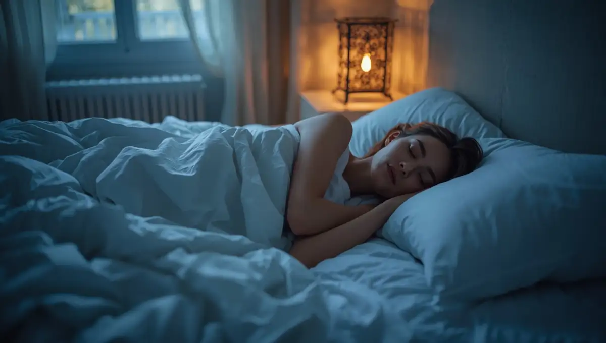 Femme adulte dormant paisiblement dans une chambre apaisante aux tons bleus et beiges pour illustrer comment mieux dormir