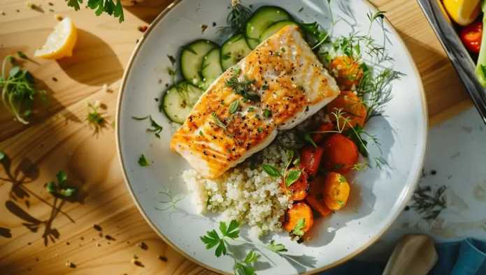 Dîner léger le soir avec légumes vapeur, poisson grillé et quinoa pour favoriser un sommeil réparateur