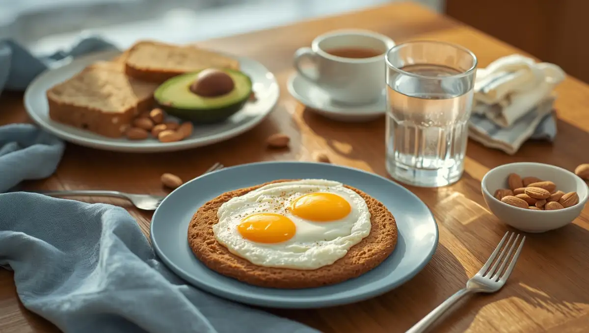 Petit-déjeuner équilibré pour mieux dormir avec œufs, pain complet, avocat et amandes sur table en bois