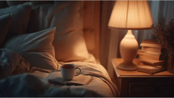 Une chambre apaisée au crépuscule avec une tisane et un livre pour démarrer la routine du soir