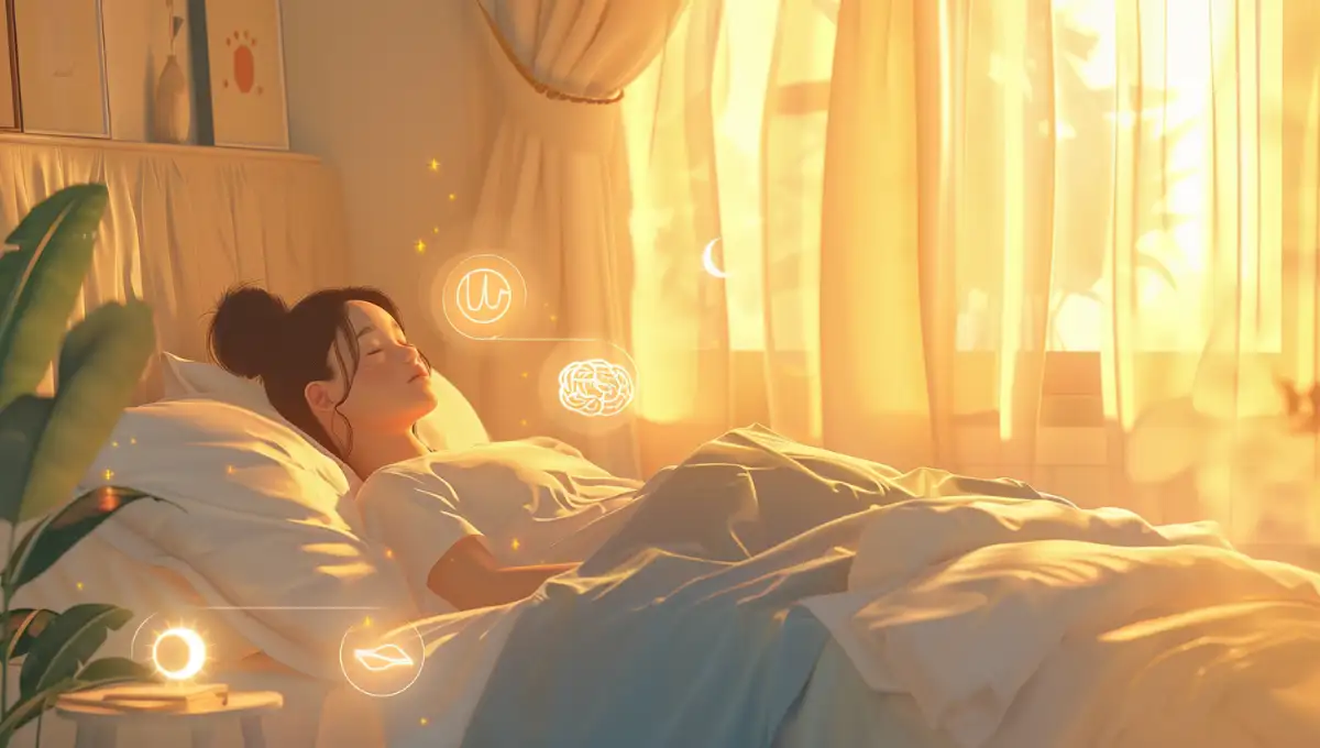 Illustration d'une femme endormie paisiblement entourée de symboles de qualité du sommeil : lune, cerveau, rythme cardiaque