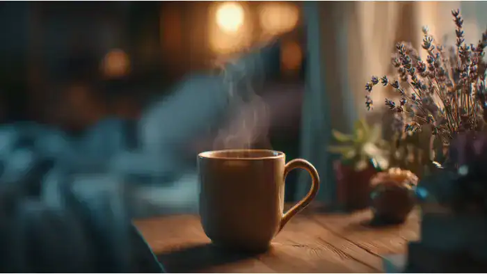 Tasse de tisane à la camomille sur table de nuit avec lumière tamisée pour favoriser le sommeil