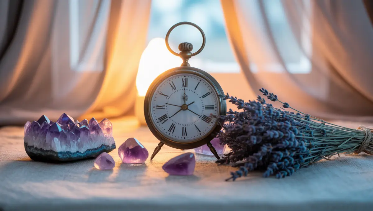 Horloge affichant 13h13 entourée de cristaux et lavande dans une ambiance spirituelle douce