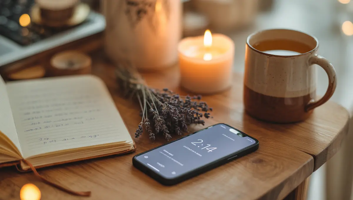 Horloge affichant 14h14 sur un bureau en bois avec un journal ouvert et de la lavande séchée, lumière dorée de l'après-midi
