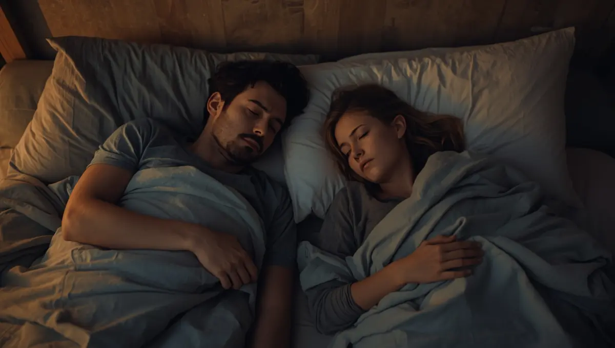 Couple dans une chambre la nuit, l'un éveillé observant l'autre dormir, illustrant les symptômes d'apnée du sommeil