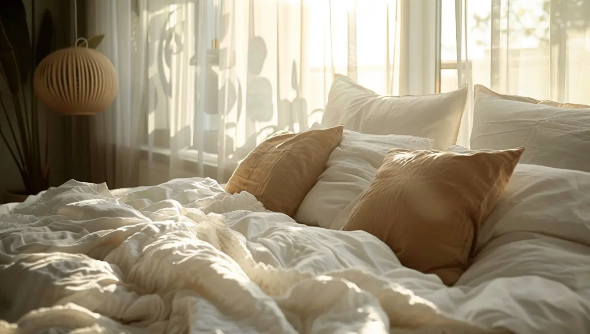 Oreillers blancs bien entretenus sur un lit soigné avec draps en lin naturel et lumière douce du matin