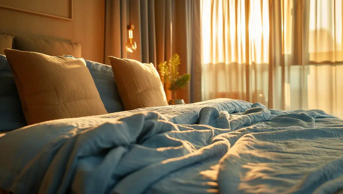 Chambre apaisante avec lumière douce illustrant une bonne hygiène du sommeil pour des nuits réparatrices