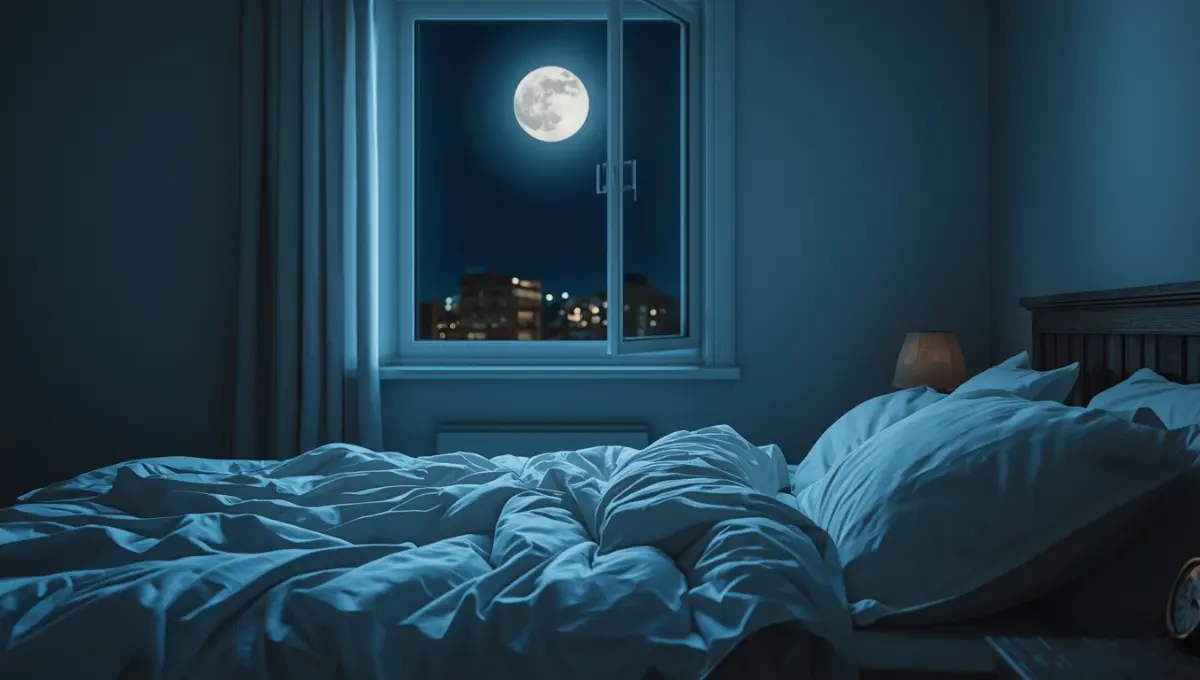 Chambre à coucher fraîche et apaisante la nuit avec fenêtre entrouverte et thermomètre sur la table de nuit