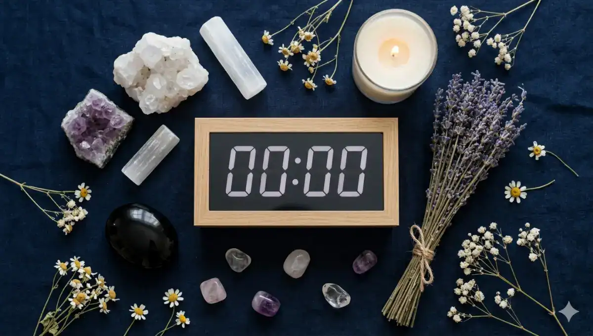 Heure miroir 00h00 sur horloge digitale entourée de cristaux d'obsidienne et de sélénite dans une ambiance de minuit apaisante