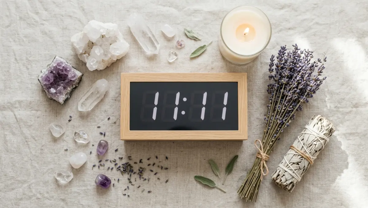 Heure miroir 11h11 affichée sur horloge digitale entourée de cristaux et de lavande pour une atmosphère spirituelle apaisante