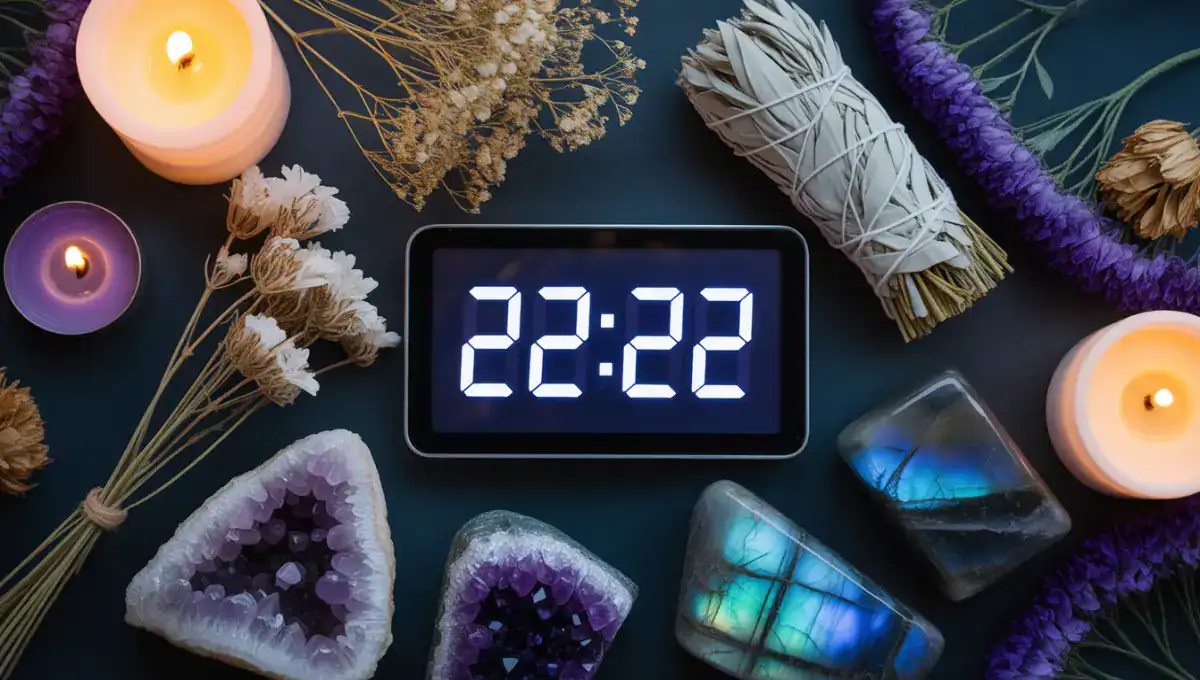Heure miroir 22h22 affichée sur une horloge numérique entourée de cristaux et de bougies, symbolisant la synchronicité et la numérologie