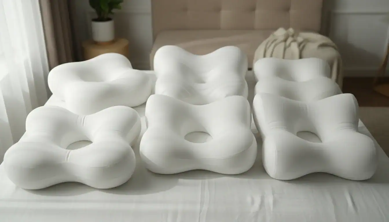 Comparatif visuel des 5 oreillers cervicaux testés : Emma Original, Wopilo Plus, Kipli latex, Simba Hybrid et Hypnia Ergonomique alignés sur un lit