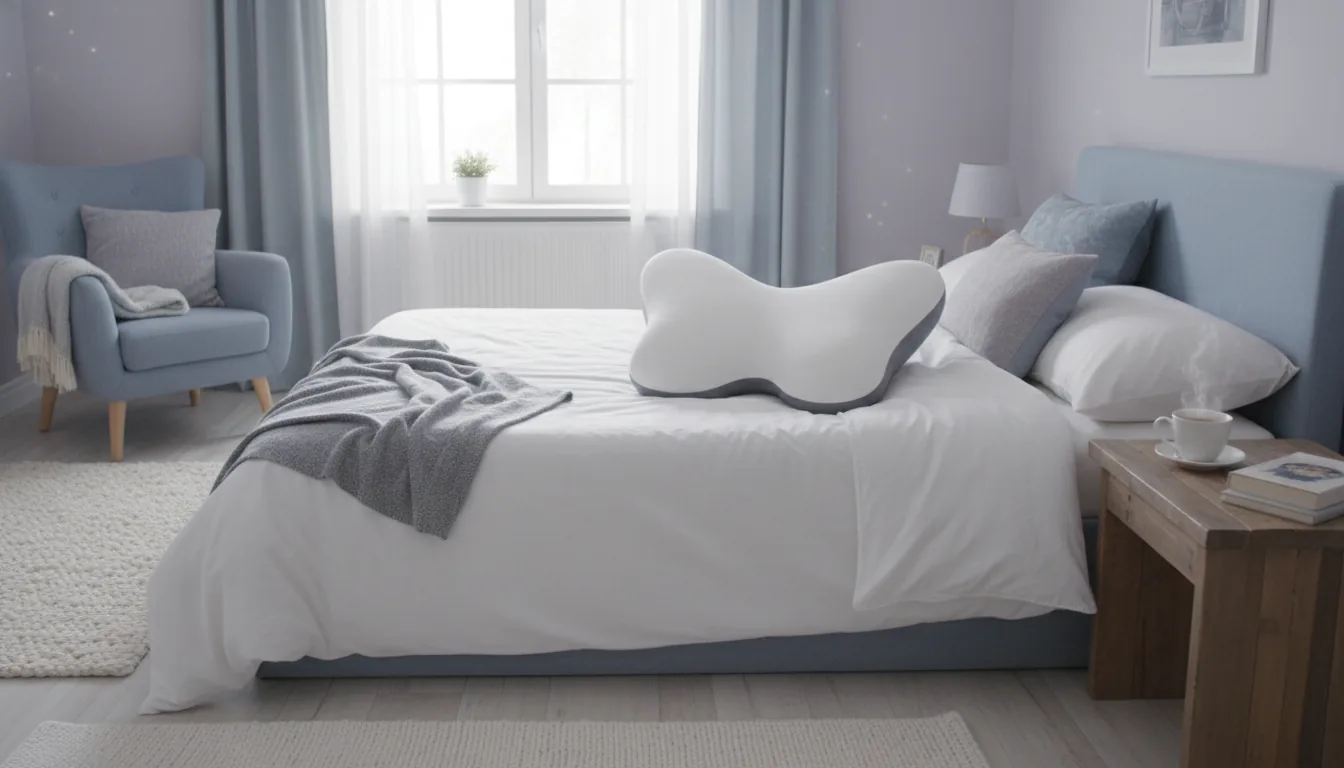 Oreiller Derila ERGO posé sur un lit cocooning aux tons lavande, testé par Sophie pendant 30 nuits pour soulager les douleurs cervicales