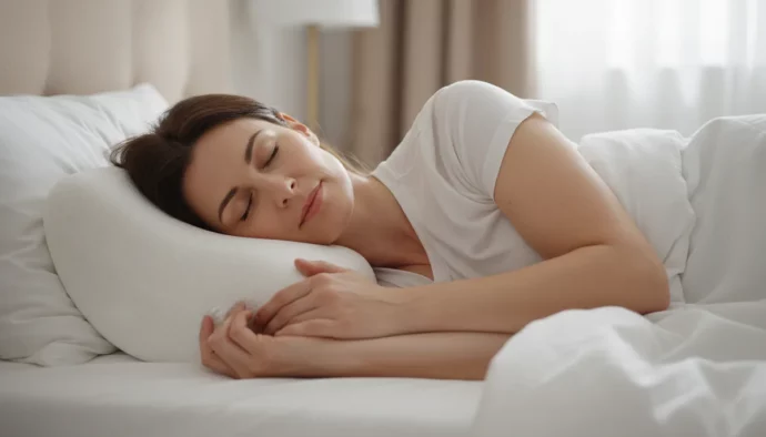 Femme allongée sur le côté testant le soutien cervical d'un oreiller ergonomique mémoire de forme, alignement nuque épaule visible