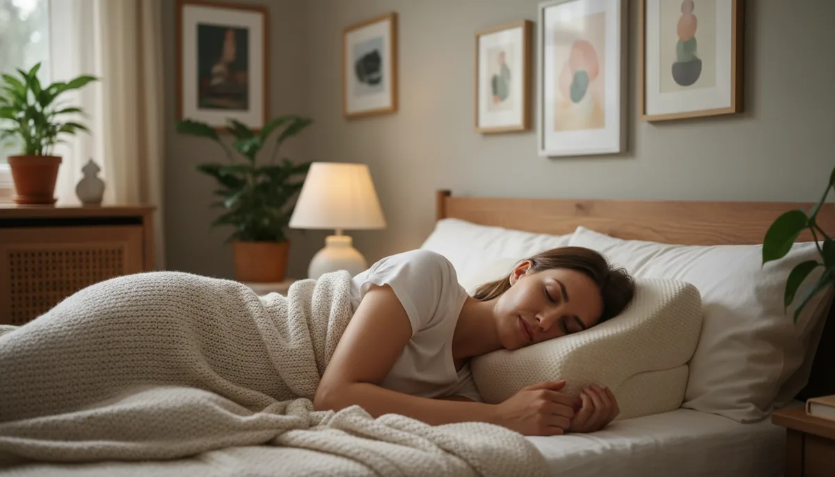 Position de sommeil sur le côté avec un oreiller ergonomique pour maintenir la nuque alignée et réduire les douleurs cervicales
