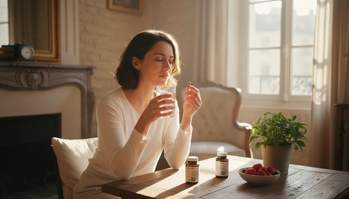 Femme prenant son complément alimentaire le matin avec un grand verre d'eau, lumière naturelle