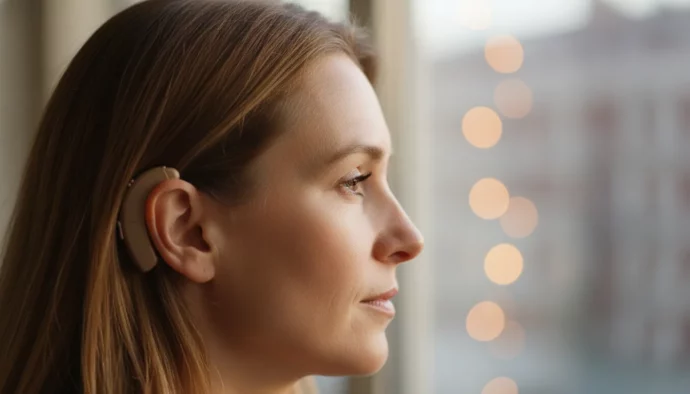 Femme portant un micro-contour d'oreille discret en lumière naturelle, guide des types d'appareils auditifs