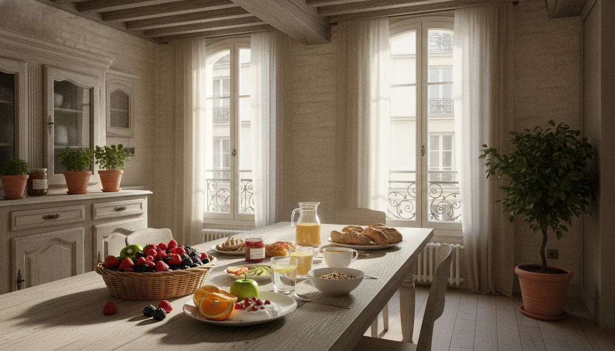 Petit-déjeuner sain sur une table ensoleillée, l'alimentation et le sommeil combinés pour une silhouette équilibrée