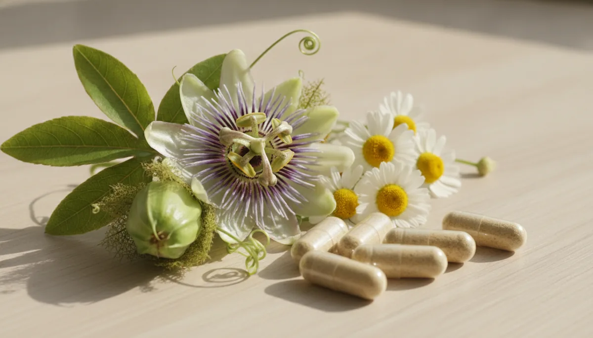 Fleurs de passiflore et de camomille à côté de gélules, illustrant la composition naturelle de Sédamin pour le sommeil