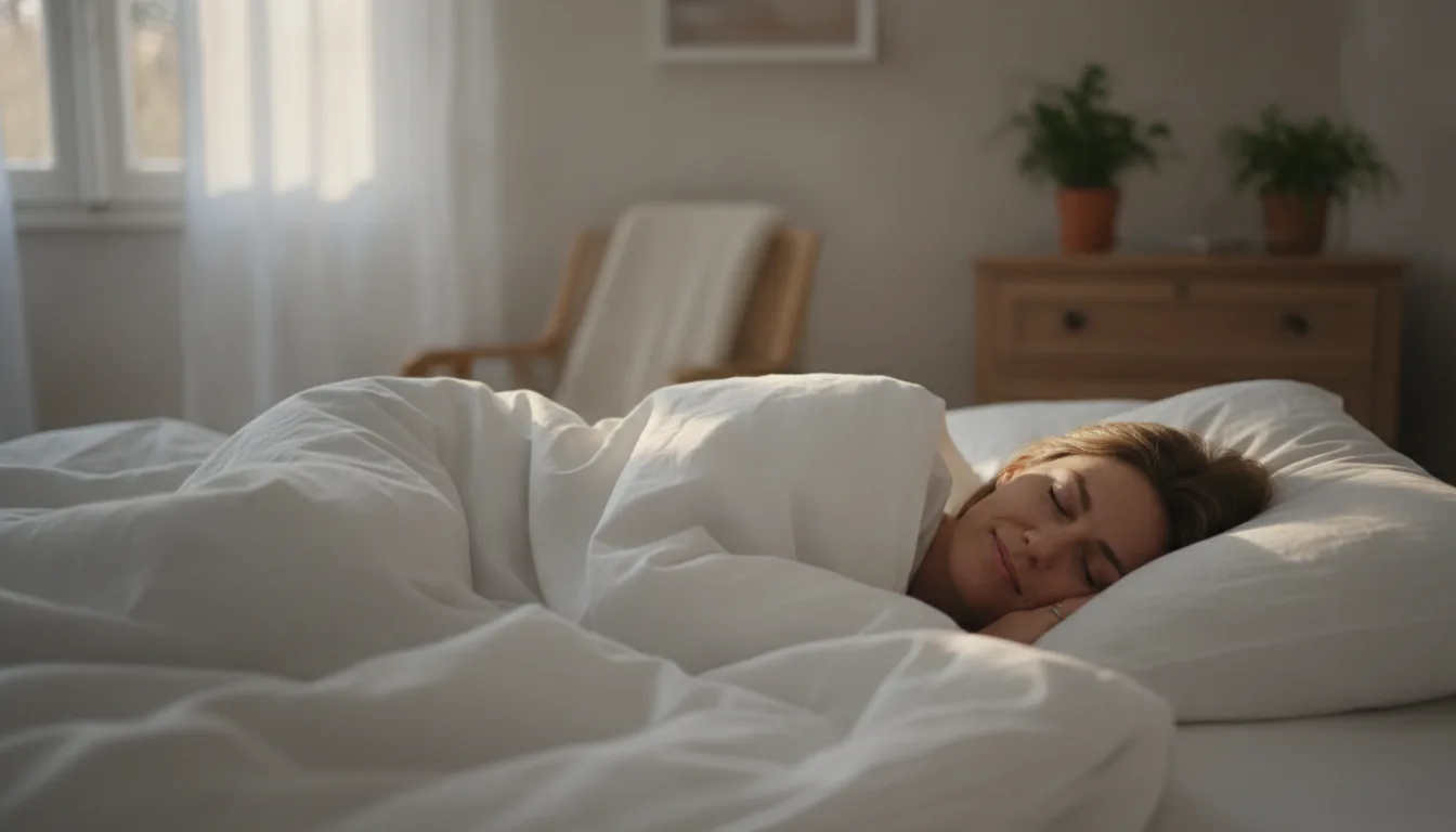 Femme dormant paisiblement dans une chambre lumineuse, le sommeil réparateur comme allié de la perte de poids