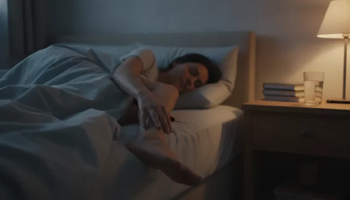 Femme se réveillant la nuit à cause d'une crampe musculaire au mollet dans son lit