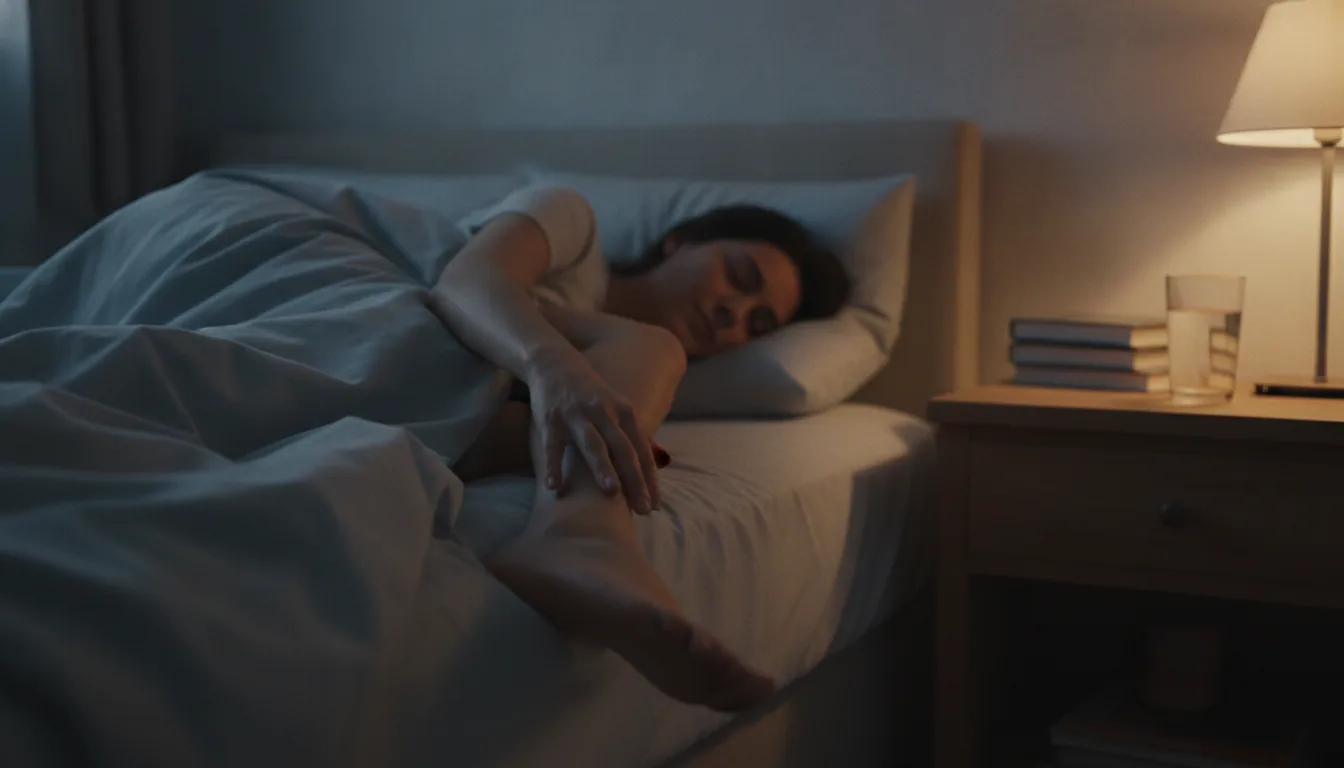 Femme se réveillant la nuit à cause d'une crampe musculaire au mollet dans son lit