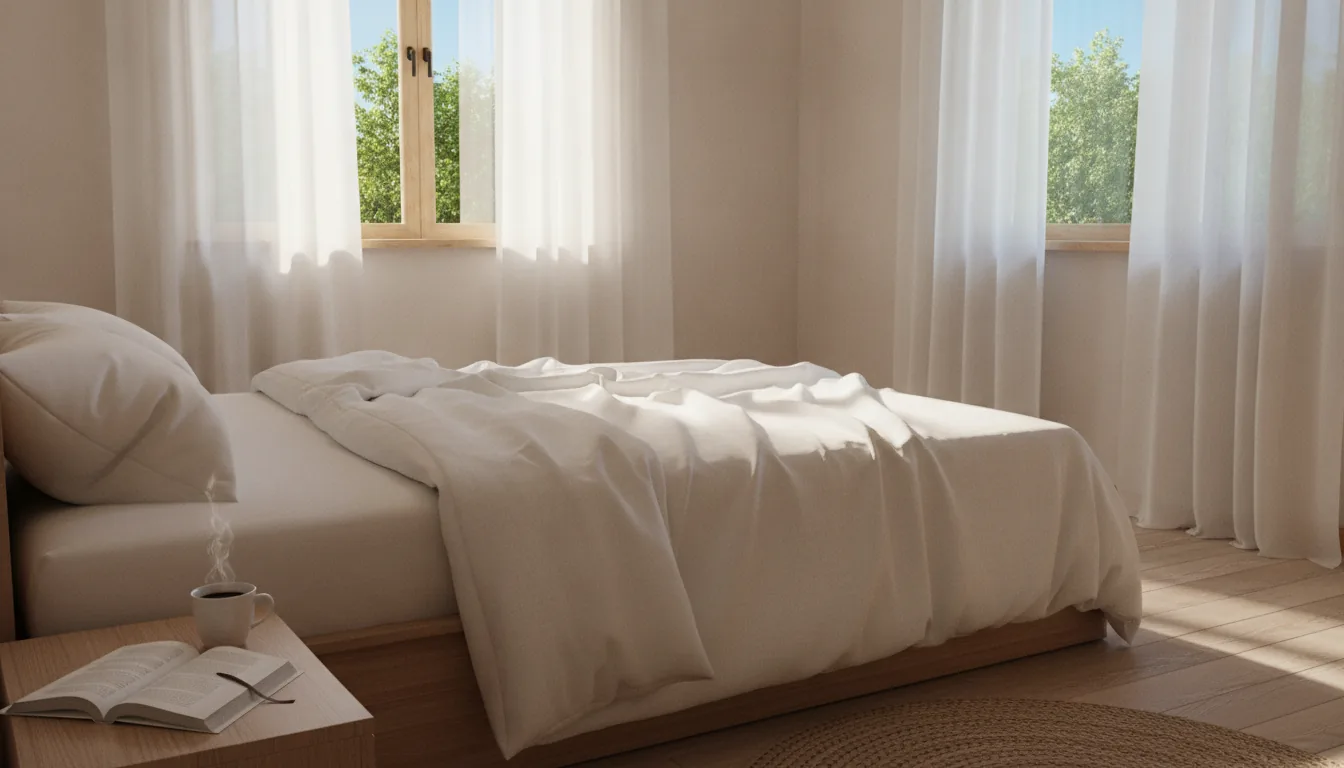 Chambre baignée de lumière matinale évoquant une grasse matinée en vacances