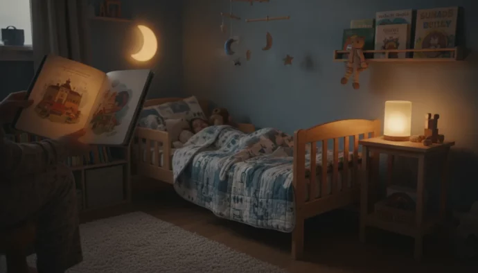 Parent lisant une histoire du soir à un enfant avant le coucher