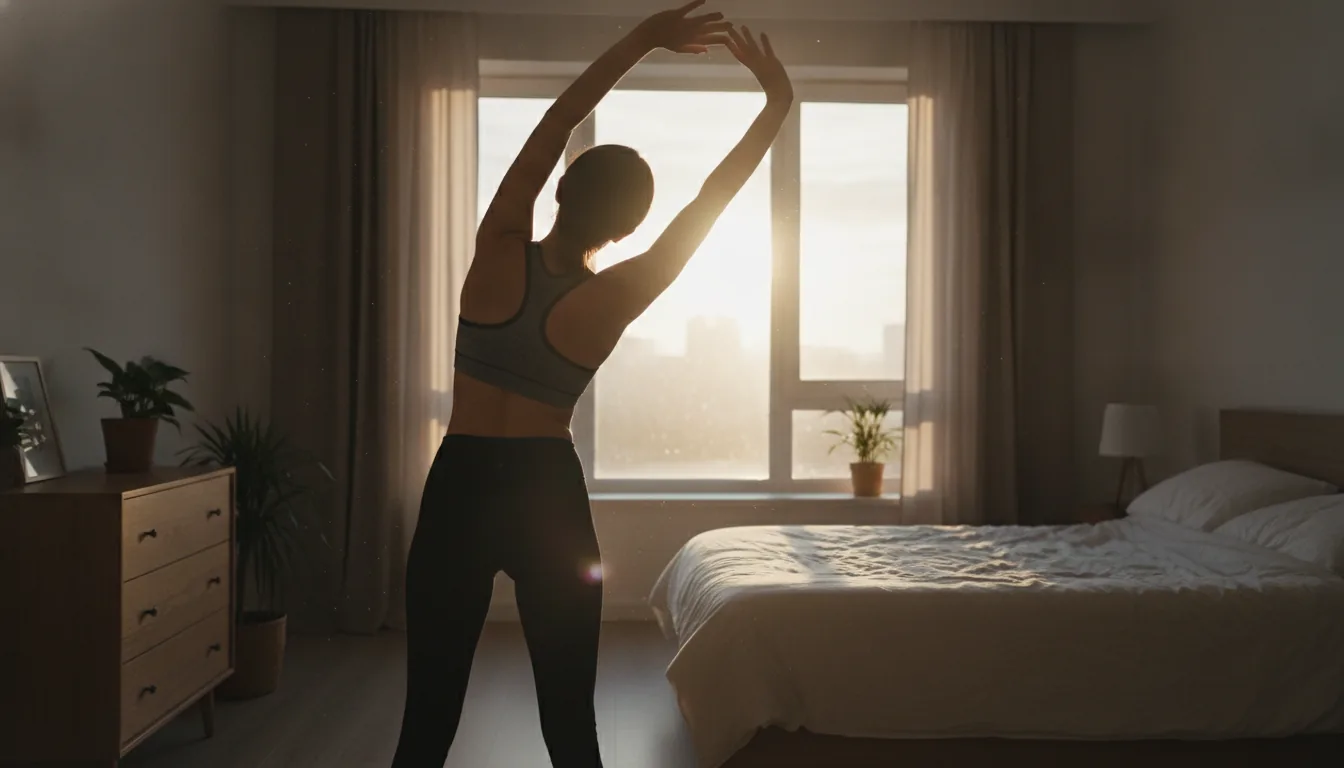 Femme s'étirant au lever du soleil avant une séance de sport matinale