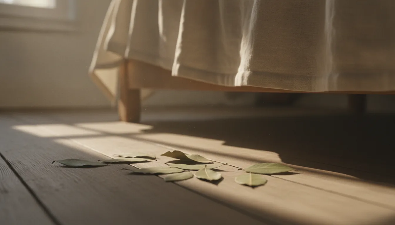 Sept feuilles de laurier séchées disposées sur le parquet sous un lit dans une chambre lumineuse