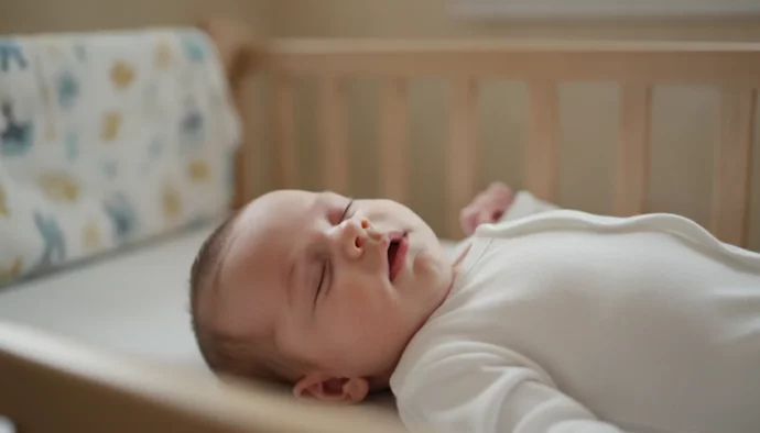 Bébé endormi sur le dos dans son lit, la bouche légèrement entrouverte