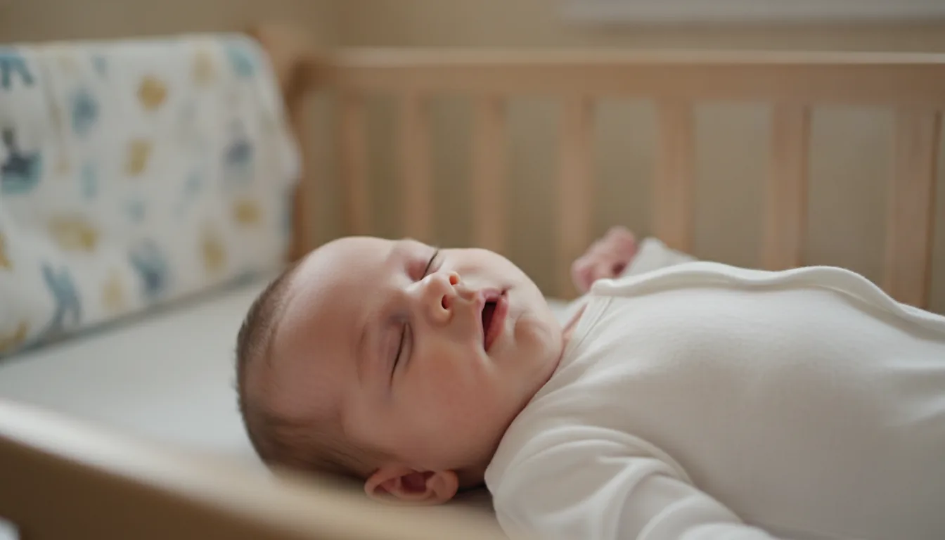 Bébé endormi sur le dos dans son lit, la bouche légèrement entrouverte