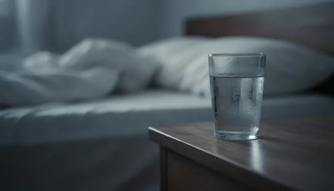 Verre d'eau sur une table de nuit au petit matin, à côté d'un lit défait