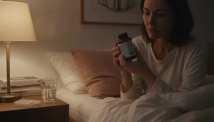 Femme lisant l'étiquette d'un complément alimentaire pour le sommeil dans sa chambre le soir