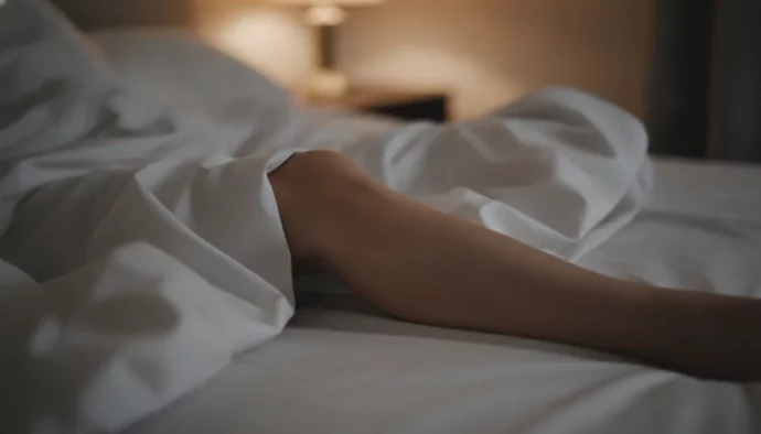 Jambes sous une couette blanche la nuit, dans la lumière tamisée d'une lampe de chevet